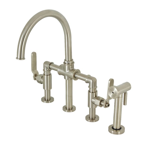 Kingston Brass KS2338KL Industrial Style Bridge Kitchen Faucet with Brass Sprayer, Brushed Nickel KS2338KL - main